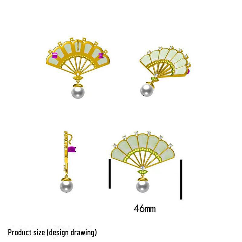 Broche Éventail Style Palais Plaqué Or Coquille d'Abalone avec Zircon et Perle