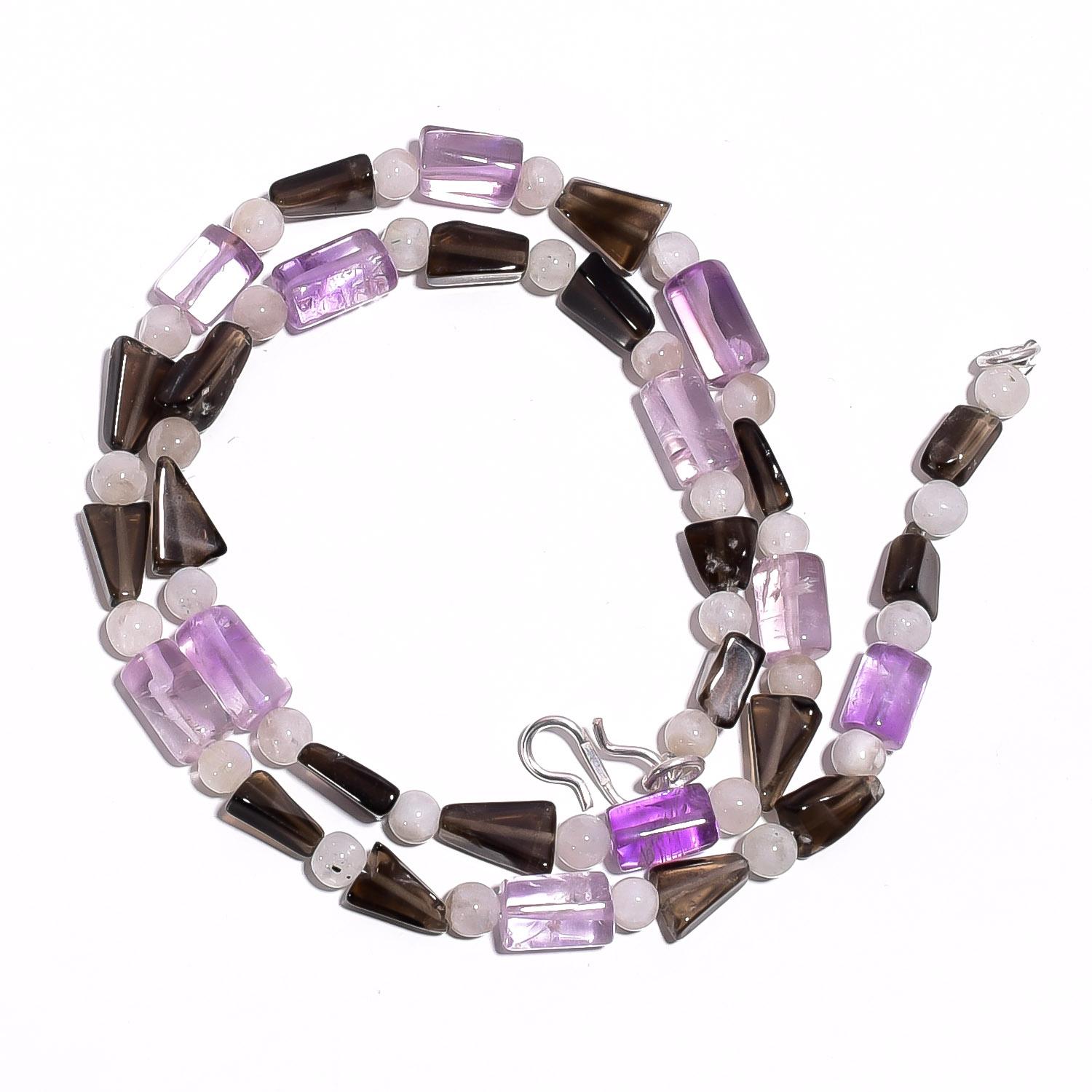 

Natural Amethyst Smoky Quartz Moonstone Gemstone Beads Necklace 17 UB-4635 UB-4635
