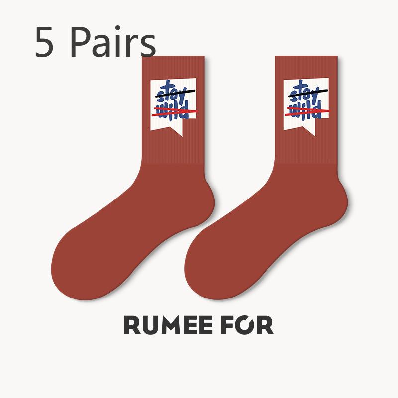 5 Pairs of Women's Spring Trend Letter Sports Mid Calf Socks