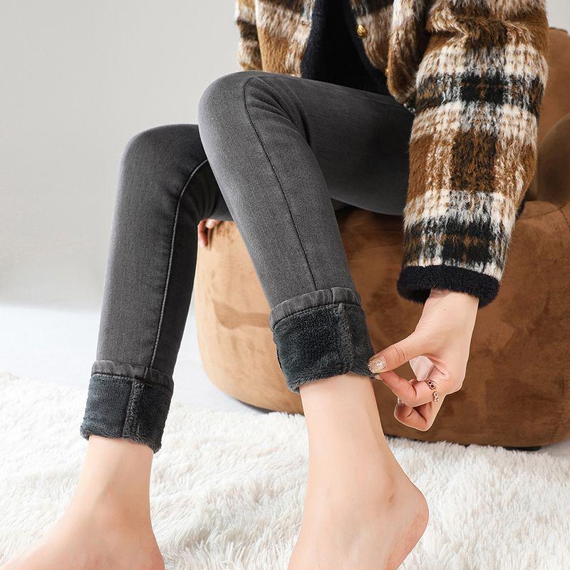 Winter Fleece Lined Warm Stretch High Waist Slim Skinny Denim Pants For Ladies Casual Pants Oversize Denim Trousers