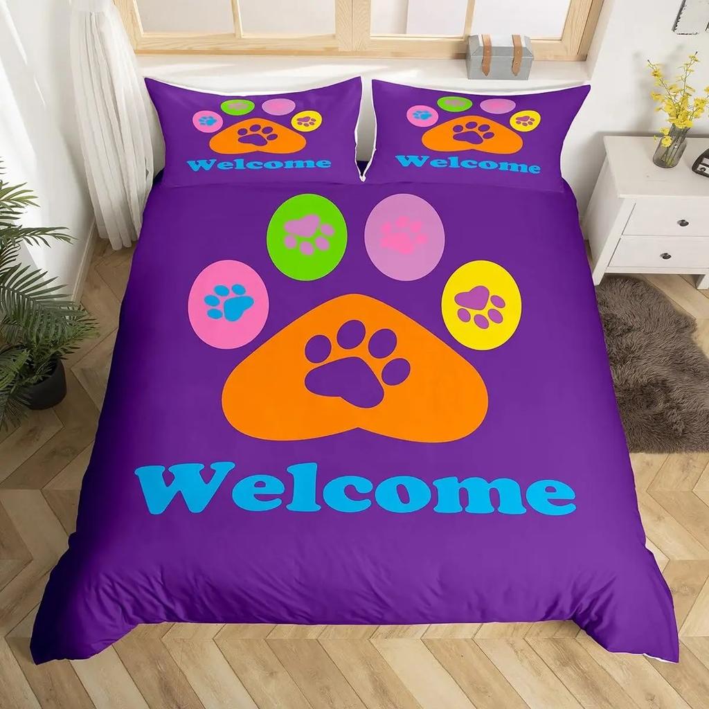 Dog Paw Print Duvet Cover Watercolor Gradient Puppy Footprints Comforter Cover with 2 Pillowcases,Funny Pets Animal Quilt Cover