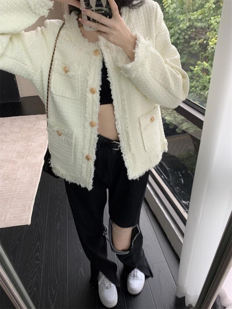 Button Up Jackets for Women Autumn Winter  Vintage New Pockets O Neck Tweed Jacket Casual Long Sleeve Chic Coats