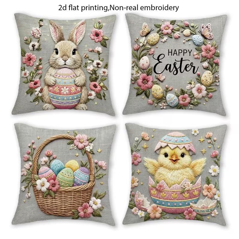 1 Stück Osterhase Kissenbezug Frühling Blumen Kissenbezug Hase Küken und Ei Druck Festival Sofa Kissenbezug Heimdekoration