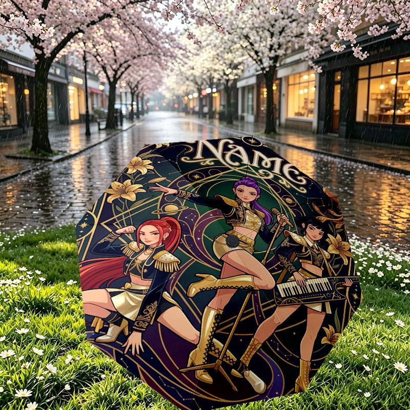 Custom Name Personalized Kpop Demon Hunter Print Umbrella, Auto Open Close, 8‑Rib Sturdy Frame, Commute Camping Hiking Use, Birthday Gift