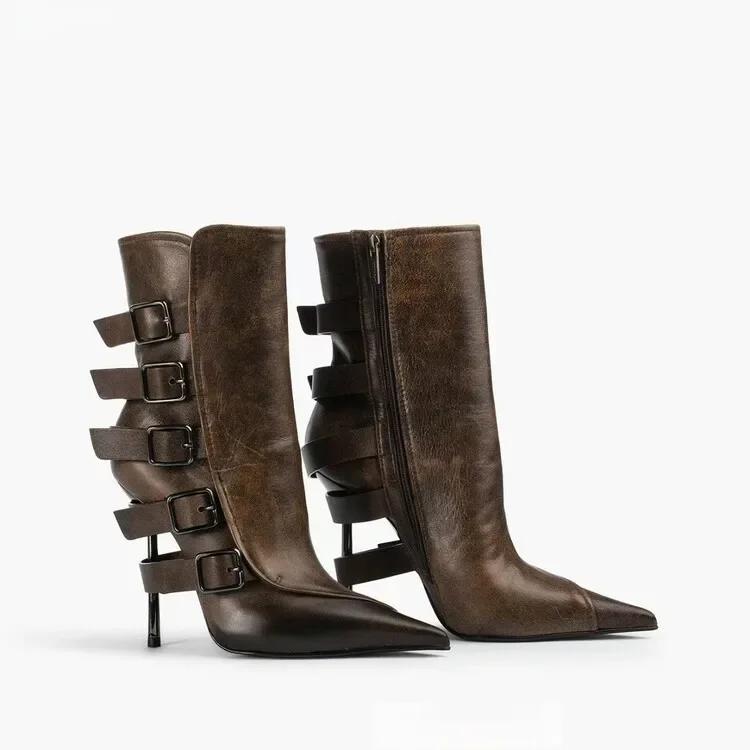 Fashion Brand Black Belt Buckle High Heels Knee High Boots Autumn Winter Women Fashion Pole Dance Pointed Solid Color Knight Boots 34-46