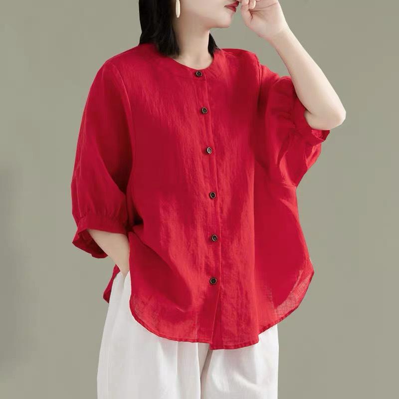 Women's Retro Cotton Linen Lantern Sleeve Blouse: Summer Mid-Sleeve, Loose Fit, Plus Size