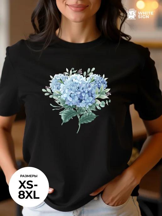 Blue Flower Oversized Cotton T-Shirt L