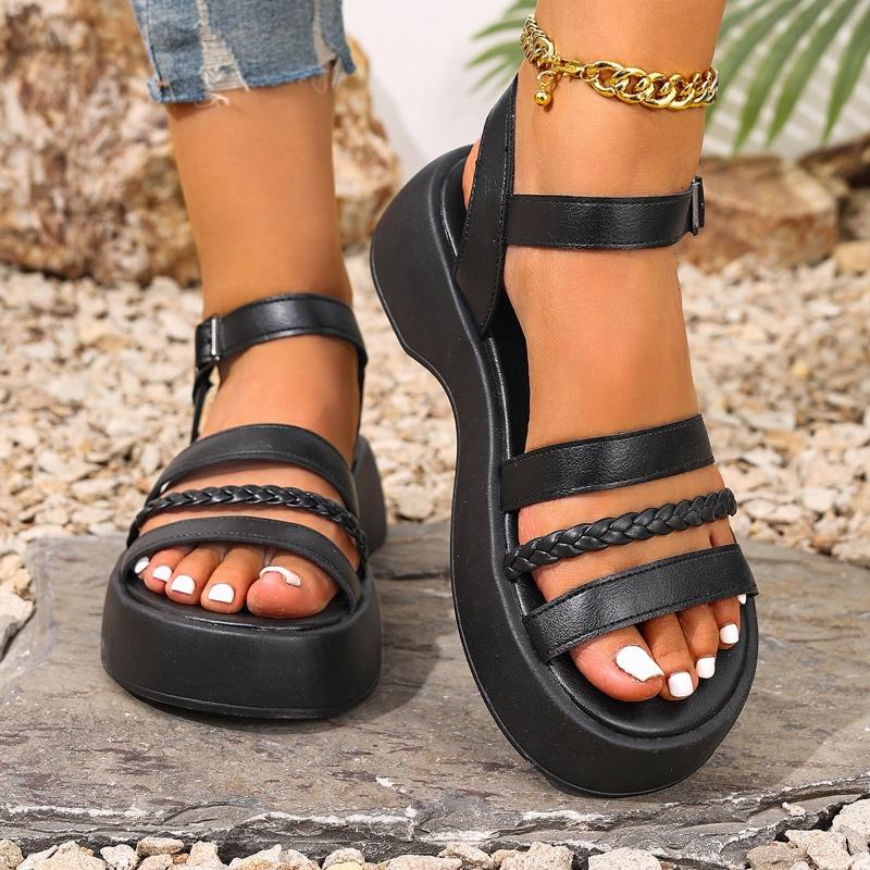 Fashion Fashion Open Toe One Strap Flat Shoes Summer New Round Toe Platform Casual Versatile Soft Sole Kitten Heel Slippers