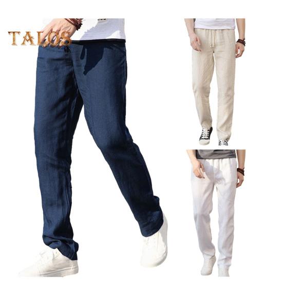 Men's Linen Casual Pants Solid Color Straight Leg Trousers Drawstring Waist Thin Summer Pants for Streetwear Travel Vacation