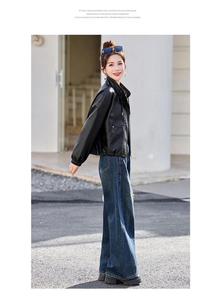 Women's Petite Leather Stand-Collar Jacket - Slimming, Stylish Motorcycle Style, Spring 2026 Fashion