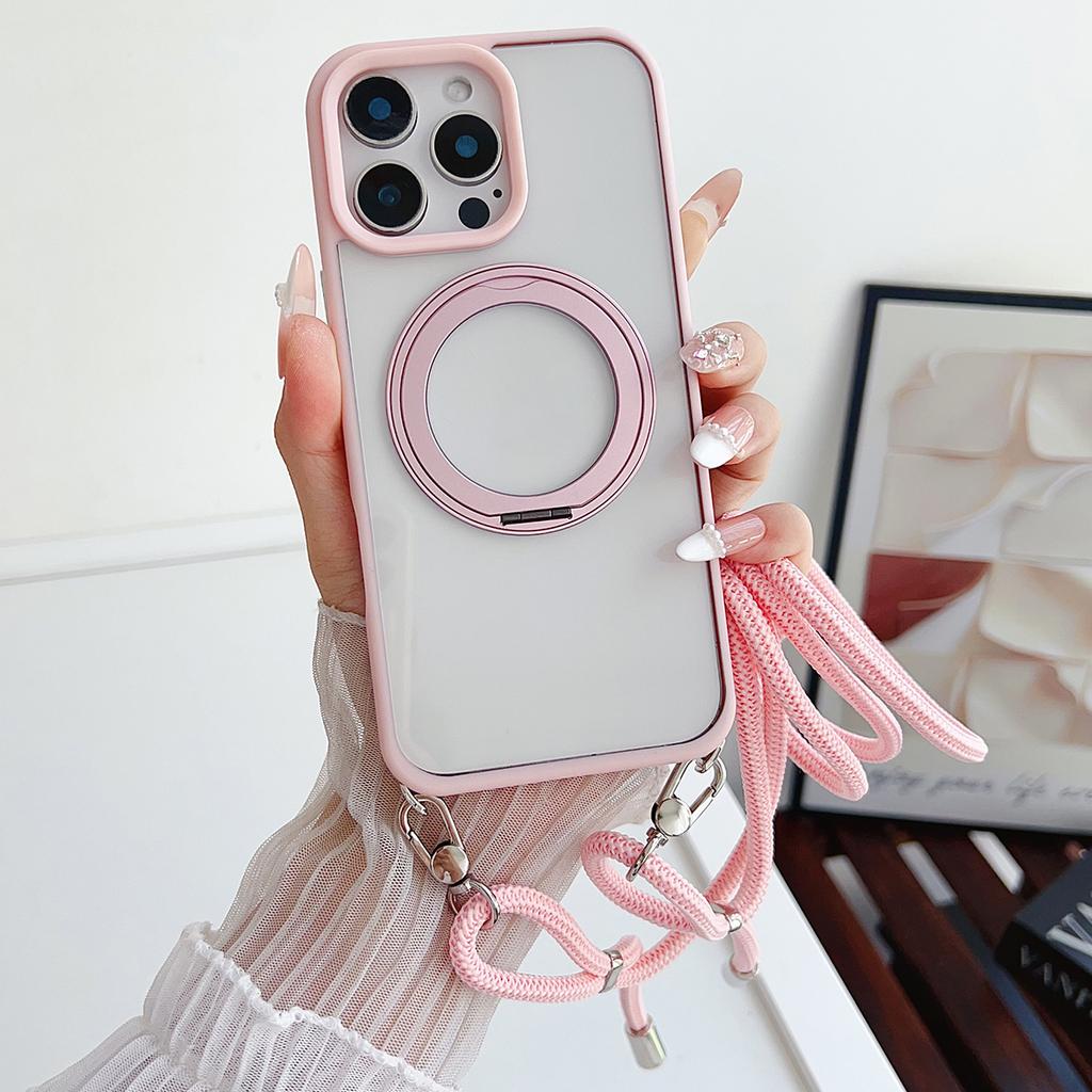 For iPhone 15 Pro Max Case Compatible with MagSafe Rotatable Kickstand PC+TPU Phone Cover with Lanyard