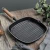 Square Cast Iron Grill Pan with Wooden Handle and Lid