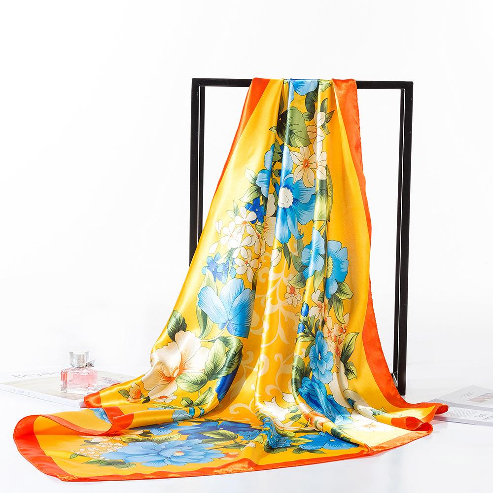 Women Silk Imitation Square Scarf Foulard Print Satin Kerchief Hairband Neckerchief Head Hijab Lady Headband Bag Ribbon 90X90Cm