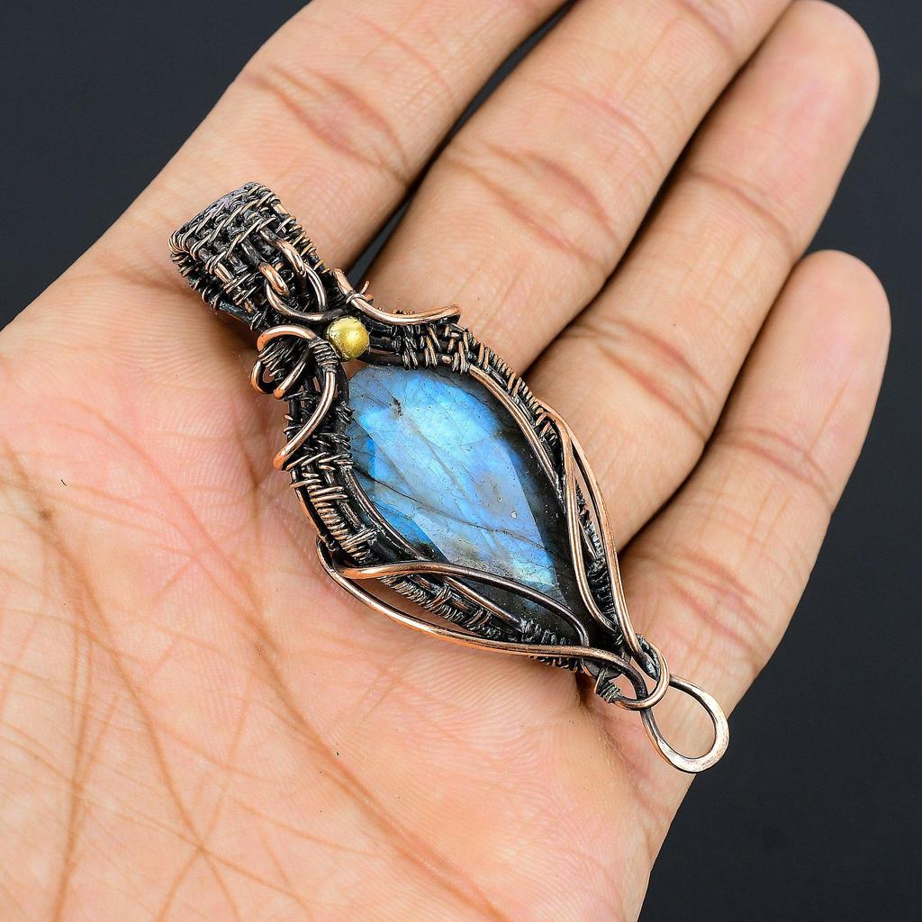 Labradorite Pendant, Handmade Gemstone 999 Copper Wire Wrapped Pendant Antique Jewelry, For Gift Silver Jewelry