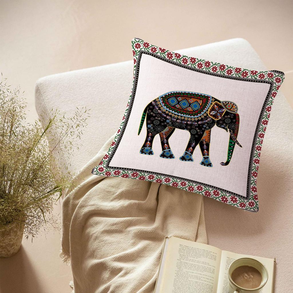 Indian Ethnic Elephant Pillow Cover Tribal Geometric Print Boho Elephant Cushion Case For Sofa Bed Couch Bohemian Home Decor