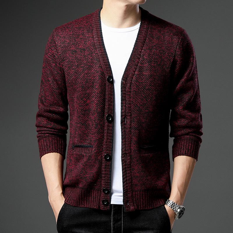 Men's Autumn/Winter Plus Velvet V-Neck Long Sleeve Cardigan Sweater