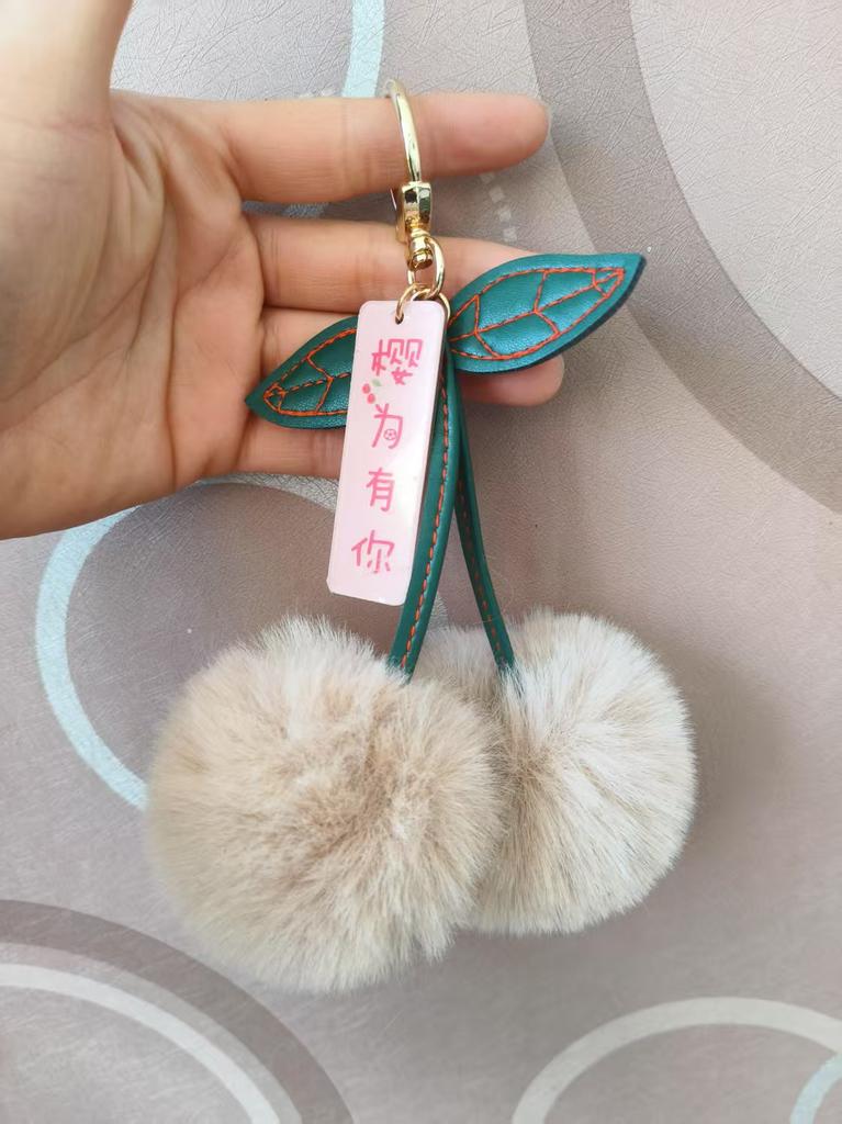 Zakol New Cute Fluffy Rex Rabbit Fur Ball Pompom Leaf Keychain Cherry Key Chain Handbag Car Key Chain Ring Gift