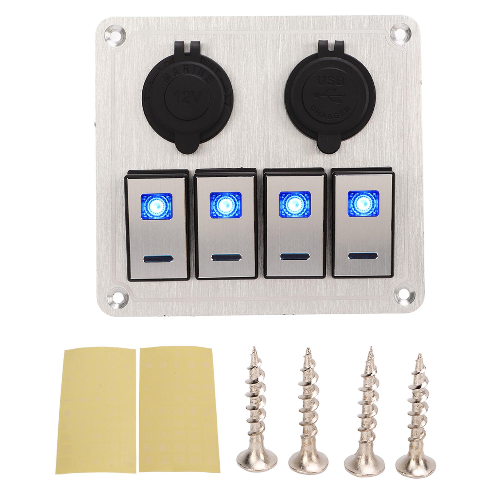 

4 Gang Aluminum Rocker Switch Panel Silver Oxide ON Off Pre Wired Double Blue LED Switch Panel for A