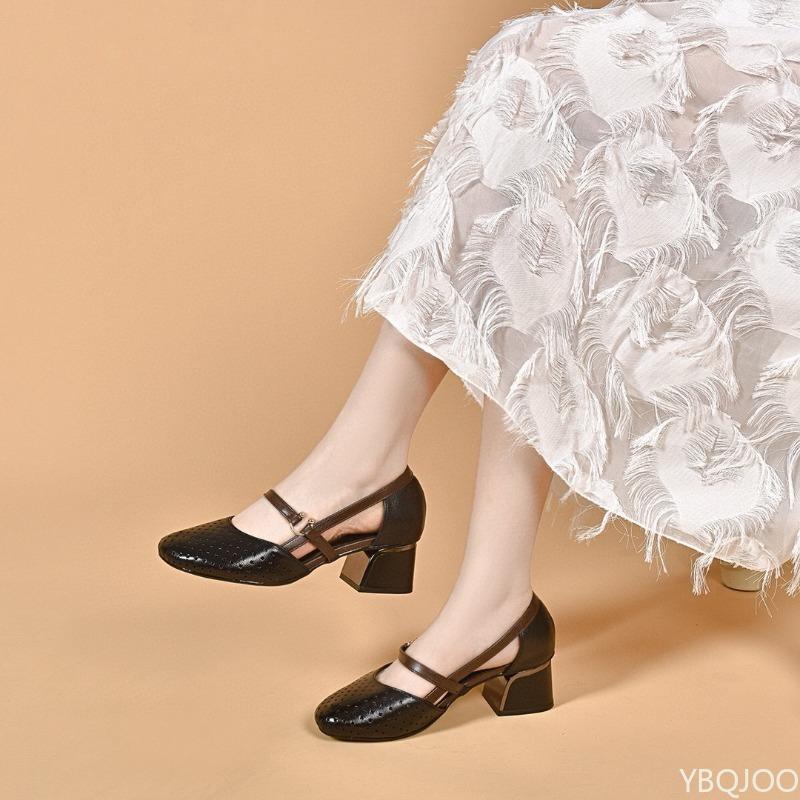 2026 Genuine leather sandals Summer women's high heels Top layer cowhide Trend shoes Fashion ladies hollow Buckle sandals Mujer