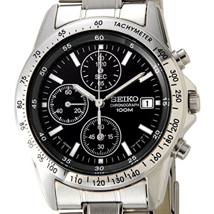Seiko Chronograph 100m Waterproof Metal Band Watch (SND367, Black)
