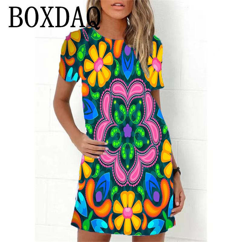 2023 Neues Sommer Damenkleid Retro Hippie 60er Vintage Flower Power Lockeres A-Linien-Kleid Lässig Übergroß Damen 3D-Druck Minikleid