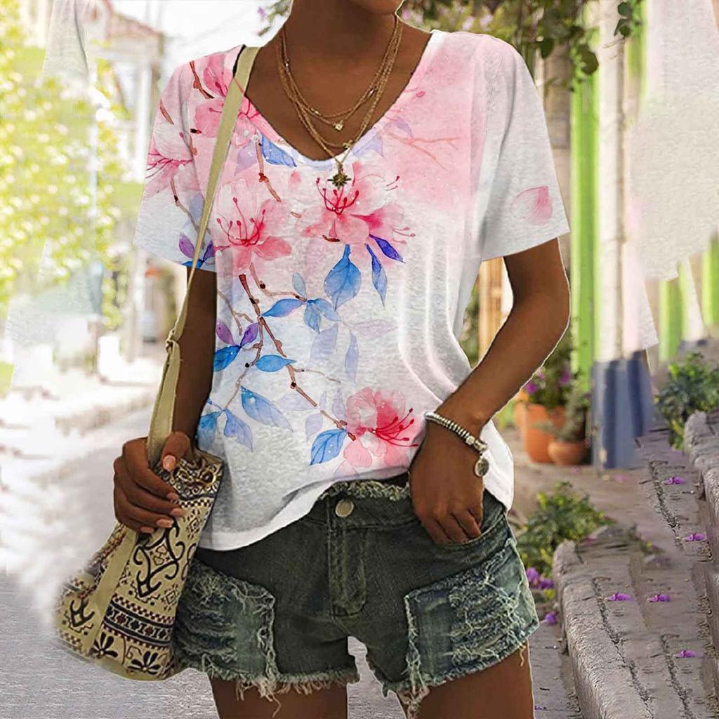 Summer Floral Vintage 3D Print T-Shirts Women V-Neck Short Sleeve T Shirt Y2K Flower Tees Oversized Harajuku Top Female Clothing