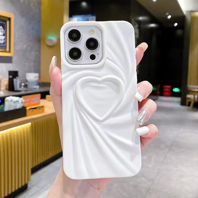 Pouzdro na telefon Fashion Fold Wrinkle 3D Love Heart pro iPhone 13 14 15 Pro Max 16 Plus 11 12 ProMax Soft Matte Silicon Full Cover