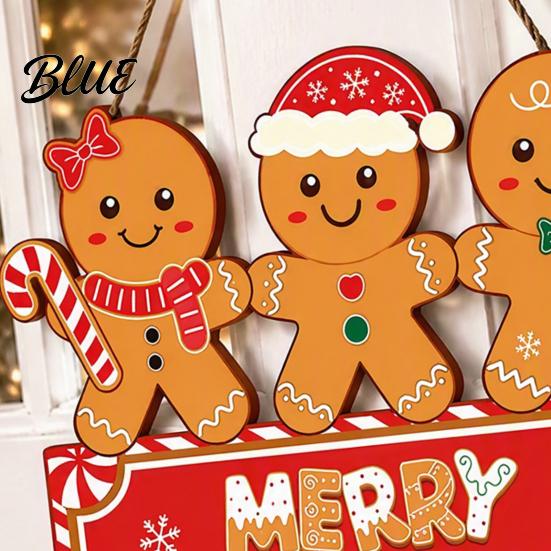 Wooden Holiday Wall Ornament Christmas Gingerbread Man Hanging Sign for Front Door, Merry Photo Background Prop Plaque with Lanyard, Decoration