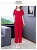 Summer Cotton Silk Women's Loose Two-Piece Set: Solid Color Short Sleeve Top and Long Pants, Plus Size Casual Wear.