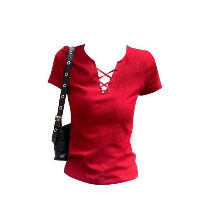 

Summer strap design sense pure cotton short-sleeved T-shirt female niche hottie pure want to show thin slim and thin top l [recommended 57.5-65kg ] червоний