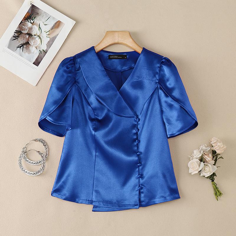 ZANZEA Women Casual Doll Collar Solid Color Short Sleeve Satin Blouse S синий