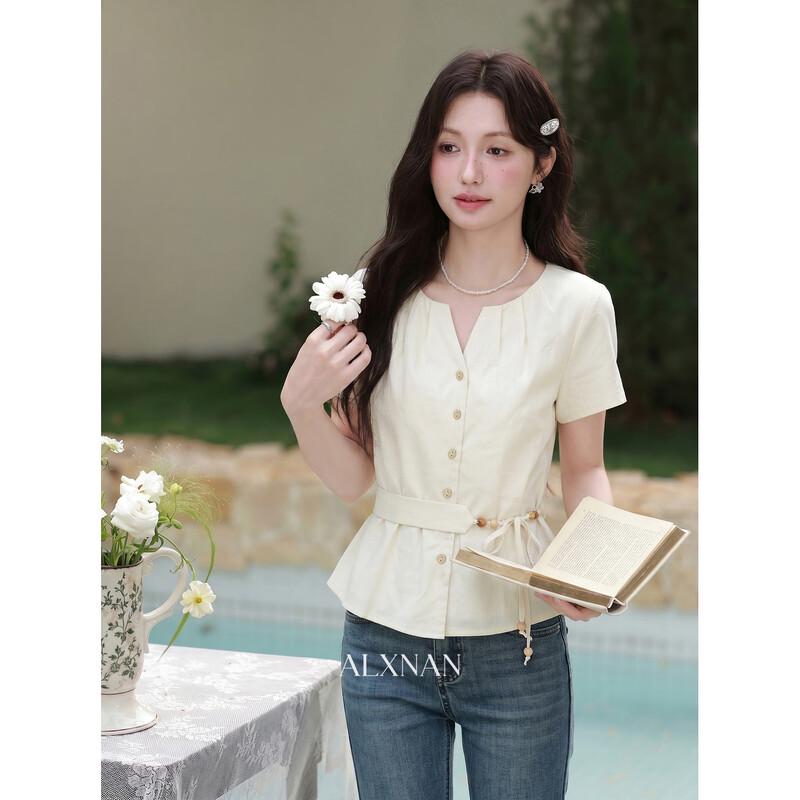 Lu Xiang Nan Women's French Style Apricot Short-Sleeve Blouse