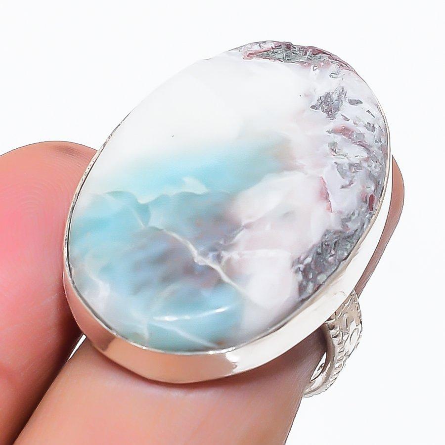 Natural Larimar Gemstone Handmade 925 Sterling Silver Jewelry Ring Size 6.5 m6W26