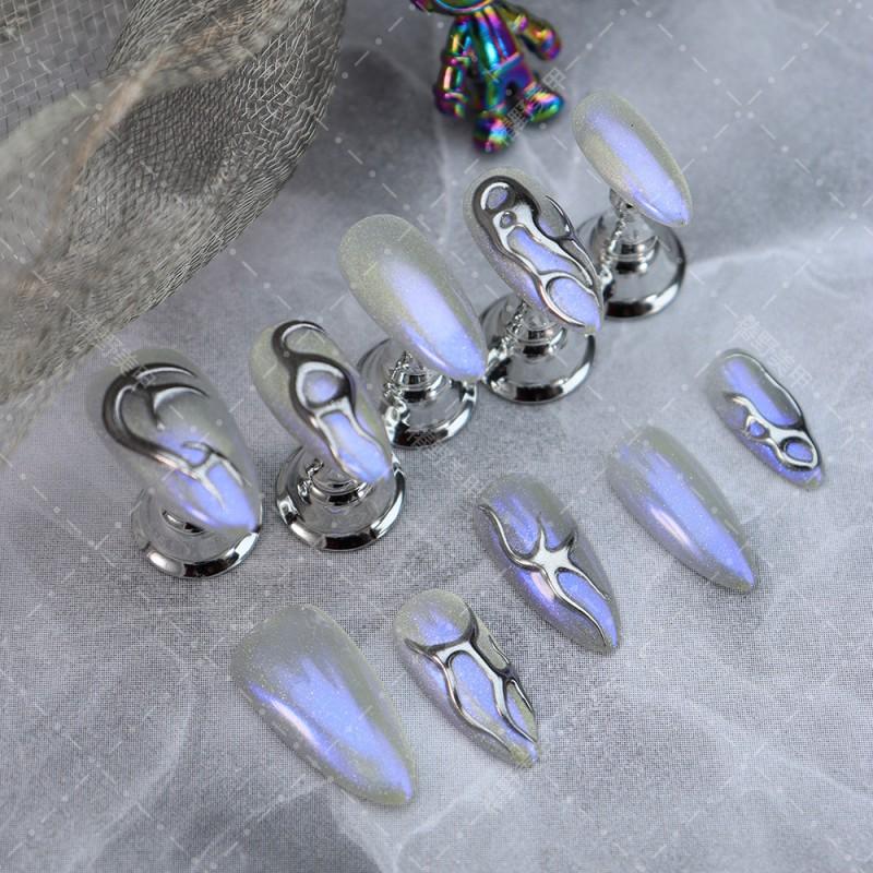 Handmade Press-On Nails Flame Design Almond Shape Liquid Metal Futuristic Dark Aesthetic