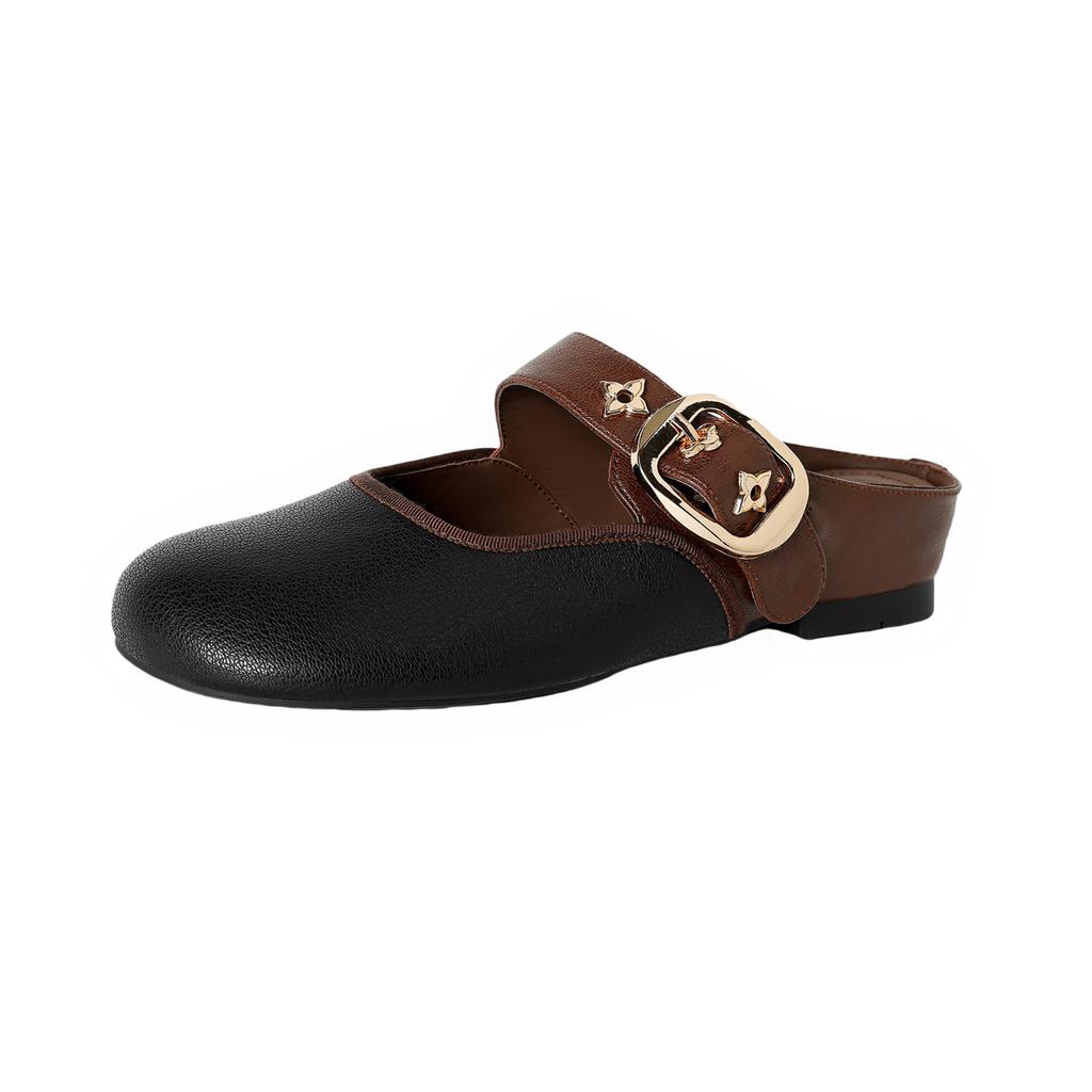 Fashion Women's new leather cowhide round head metal belt buckle with raised middle heel and toe cover, Mueller slippers