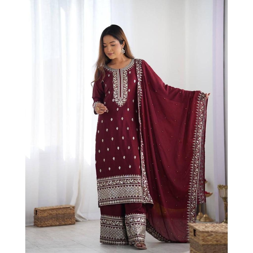 Bollywood Chinon Silk With Embroidery Sequence Work Salwar Suit Indian Pakistani VFP-1876a1