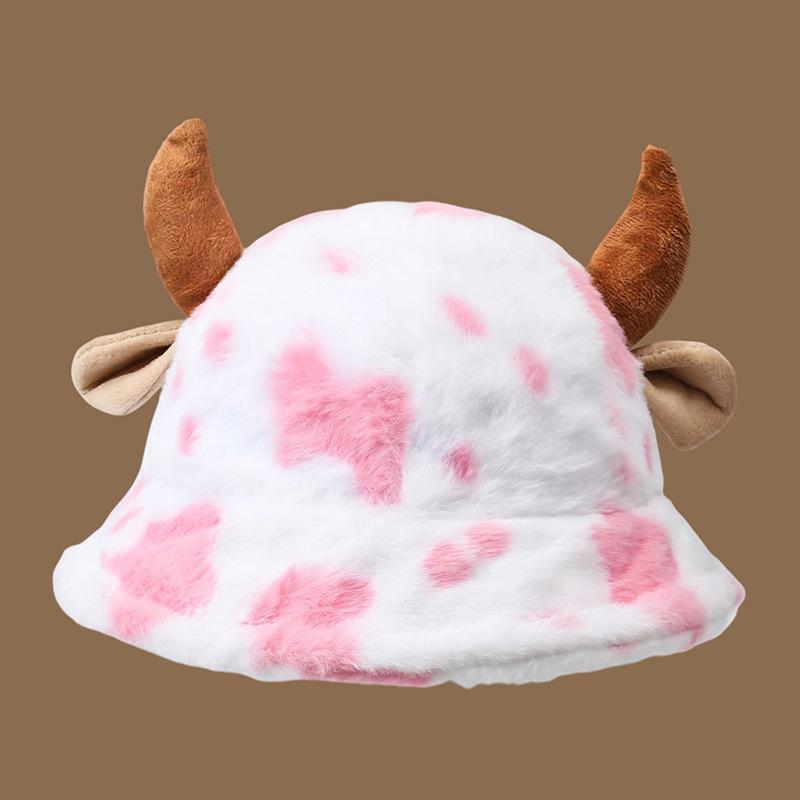 Cow Pattern Horn Bucket Hat Women's Fashion Plush Thickened Warm Hats Caps Women’s