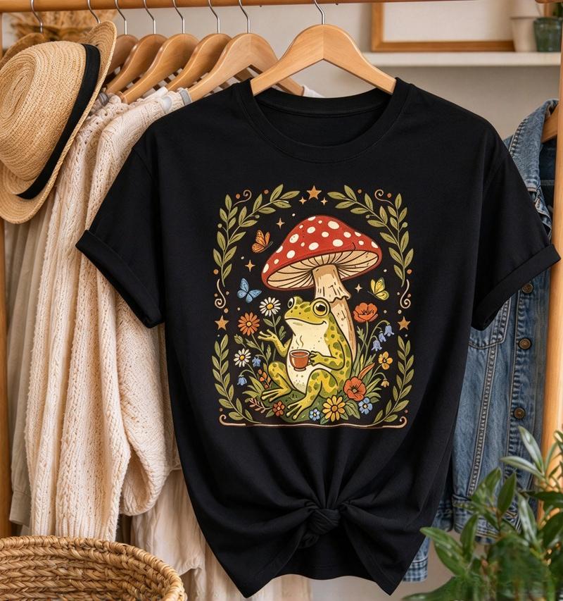 Cottagecore Frog And Red Mushroom Graphic Tshirt Unisex Unisex Wildflower Butterfly Print Casual Short Sleeve Vintage Nature Tee