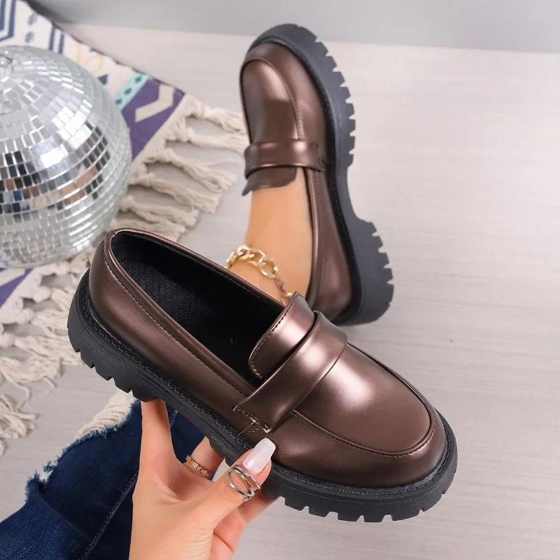 

Модная женская обувь на распродаже 2024 Модные женские туфли-лодочки на один шаг Осень Круглый носок Однотонные Уличные Повседневные Массивный каблук Обувь больших размеров 39 бронзовый