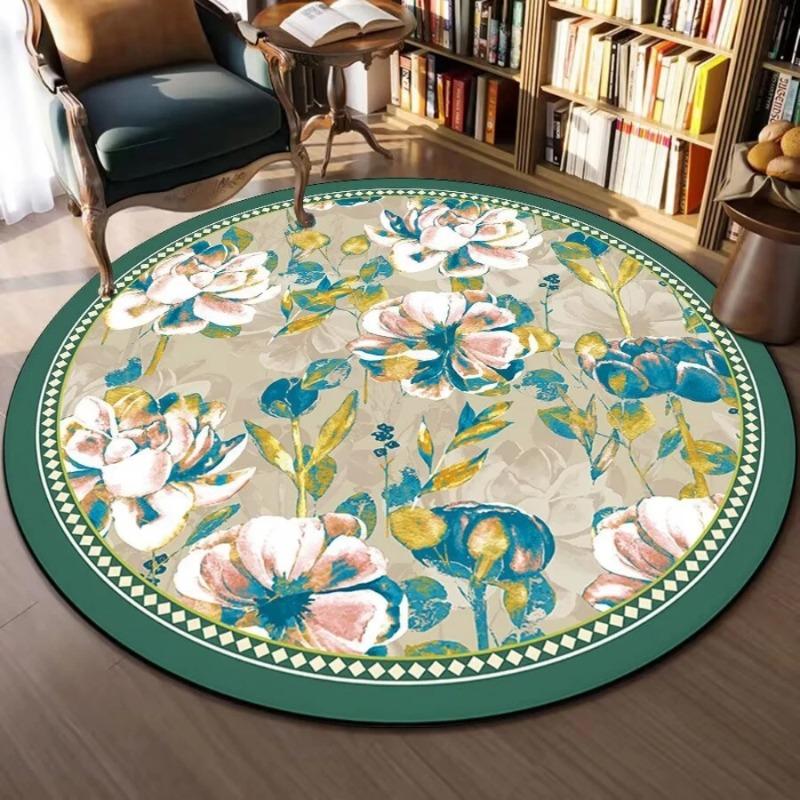 French Comfortable Circular Carpet Green Floral Rug Bathroom Anti Slip Dirt Resistant Wear-resistant Door Mat Home Decoration