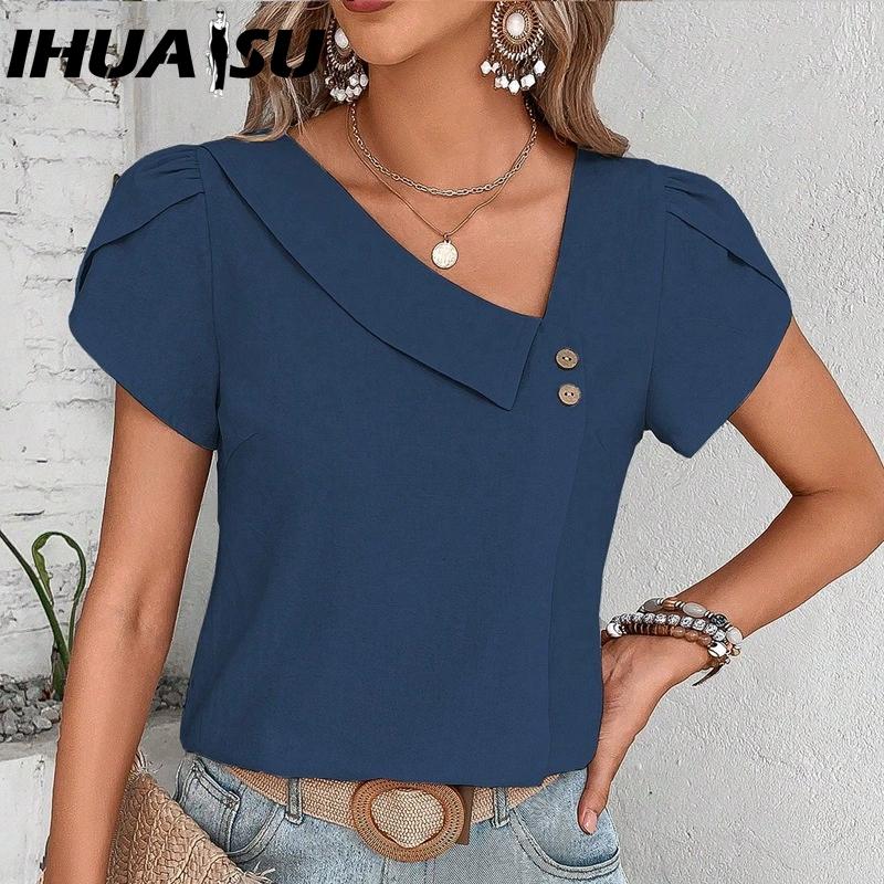 IHUASU Women's Fashion Casual Solid Color Print Short Sleeve V Neck Blouses & Shirts