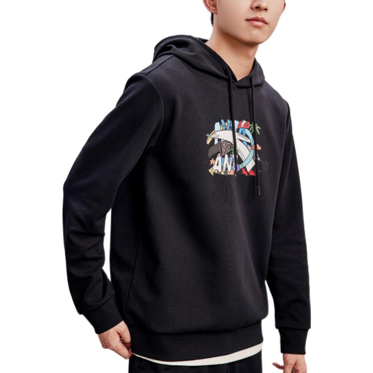 Anta Cartoon Print Drawstring Hoodie With Long Sleeves Unisex Tops Black 952238720-5