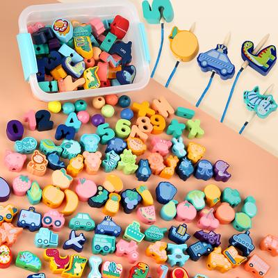 Montessori Dřevěné hračky na výrobu, Kreslený dinosaurus, Zvířátko, Navlékací korálky, Vzdělávací hračky pro děti, Vánoční dárek
