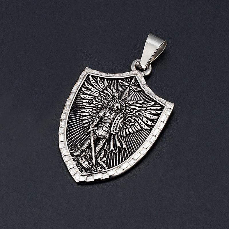 Saint Michael Archangel Stainless Steel Pendant Men's Necklace - Warrior Angel with Sword and Shield