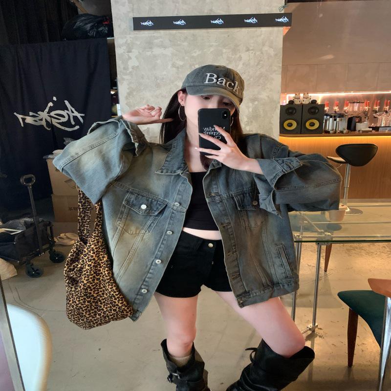 

Женская винтажная джинсовая куртка оверсайз с эффектом варки - Ленивый стиль для весны/осени Small