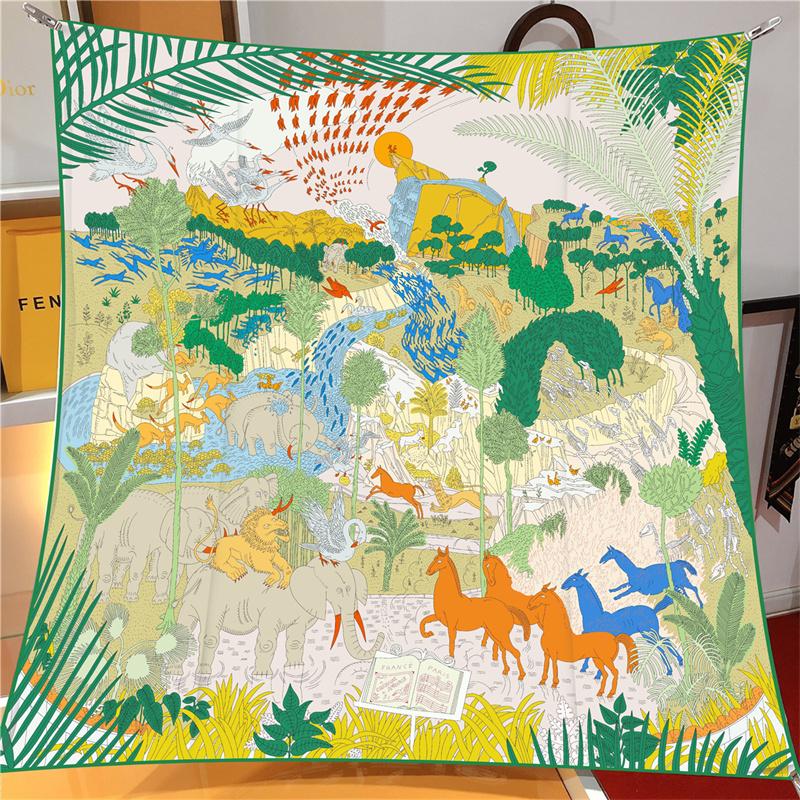 Silk Scarf Women Rainforest Animals Square Scarves Head Echarpes Silk Foulards Femme Wraps Beach Shawls Bandana Lady Hijabs 90CM