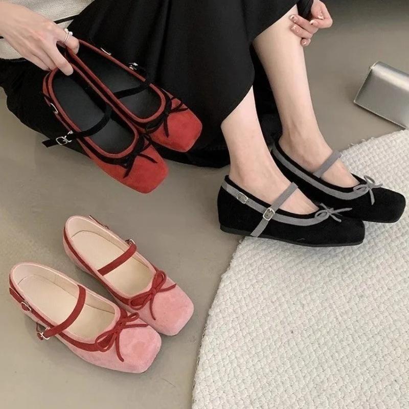 Fashion Inside Boost Suede Single Shoes Autumn New Square Toe One Bow Soft Sole Non-Slip Low Top Shoes