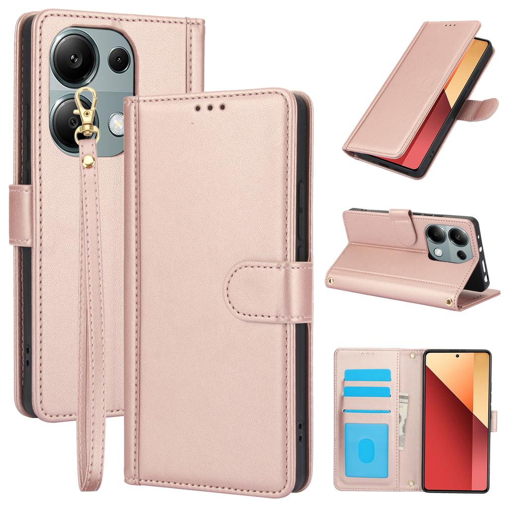 SY-003 For Xiaomi Poco M6 Pro 4G/Redmi Note 13 Pro 4G Case PU Leather Stand View Phone Wallet Cover with Hand Strap