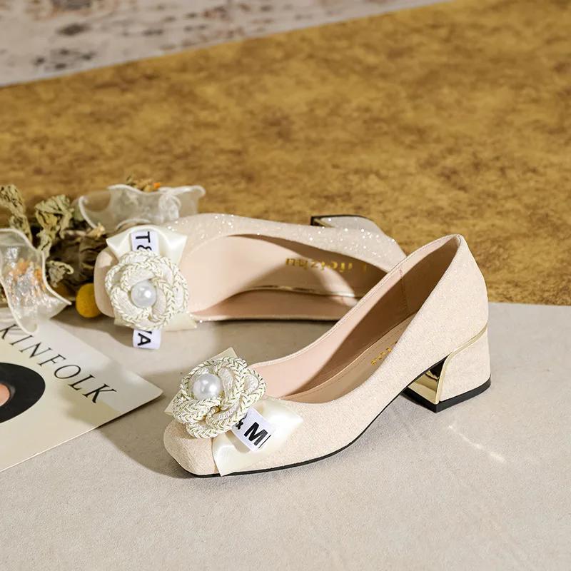 Euro Designer Women Shoes Modern Pumps Girl Beautiful Pearl Flowers High Heel Shoes Luxury Bowknot Dress Shoes