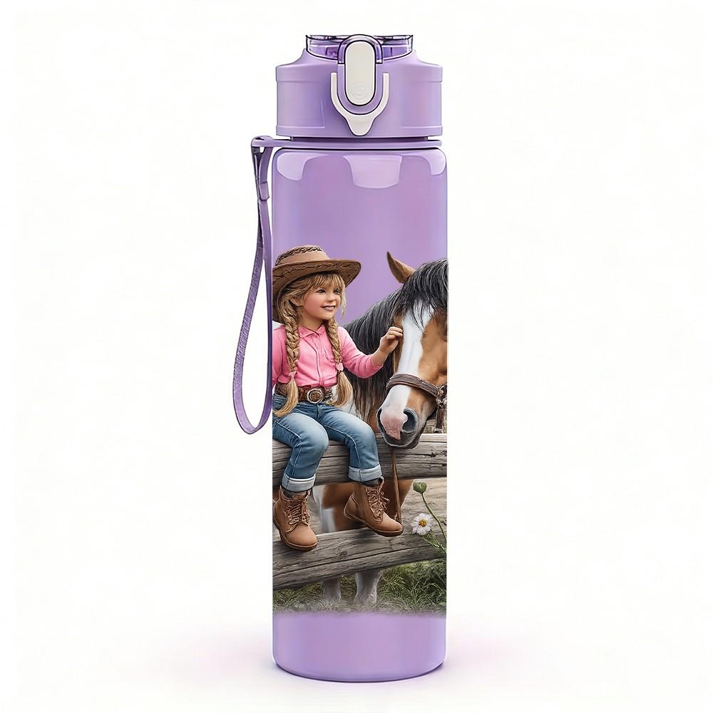 1PC Cowgirl Horse Western Scene Print 750ml Color Plastic Sports Water Bottle Leakproof Flip Straw Lid Suitable for Sports Office Home Use